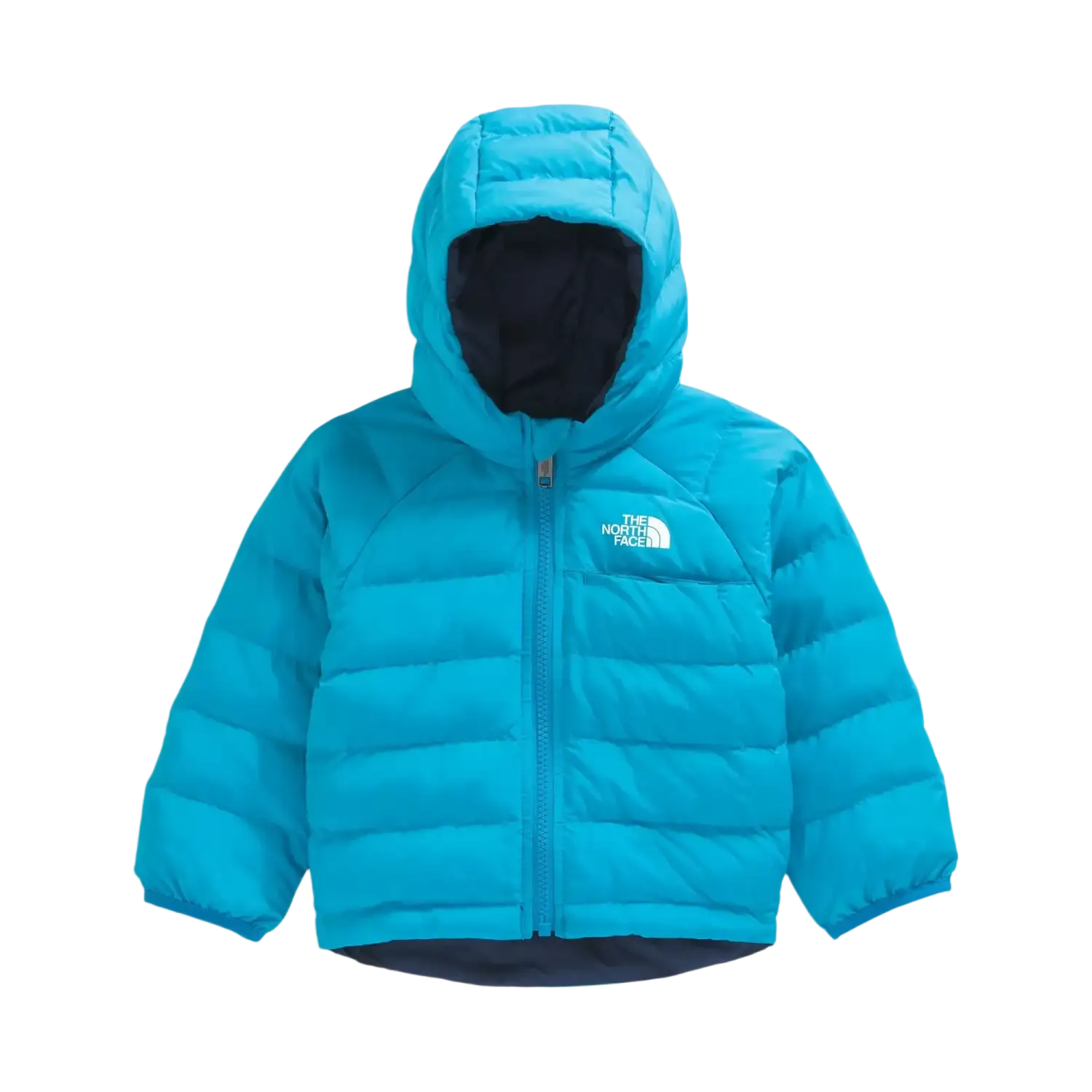 The North Face Baby Reversible Perrito Hooded Jacket in Meridian Blue, front view flat 