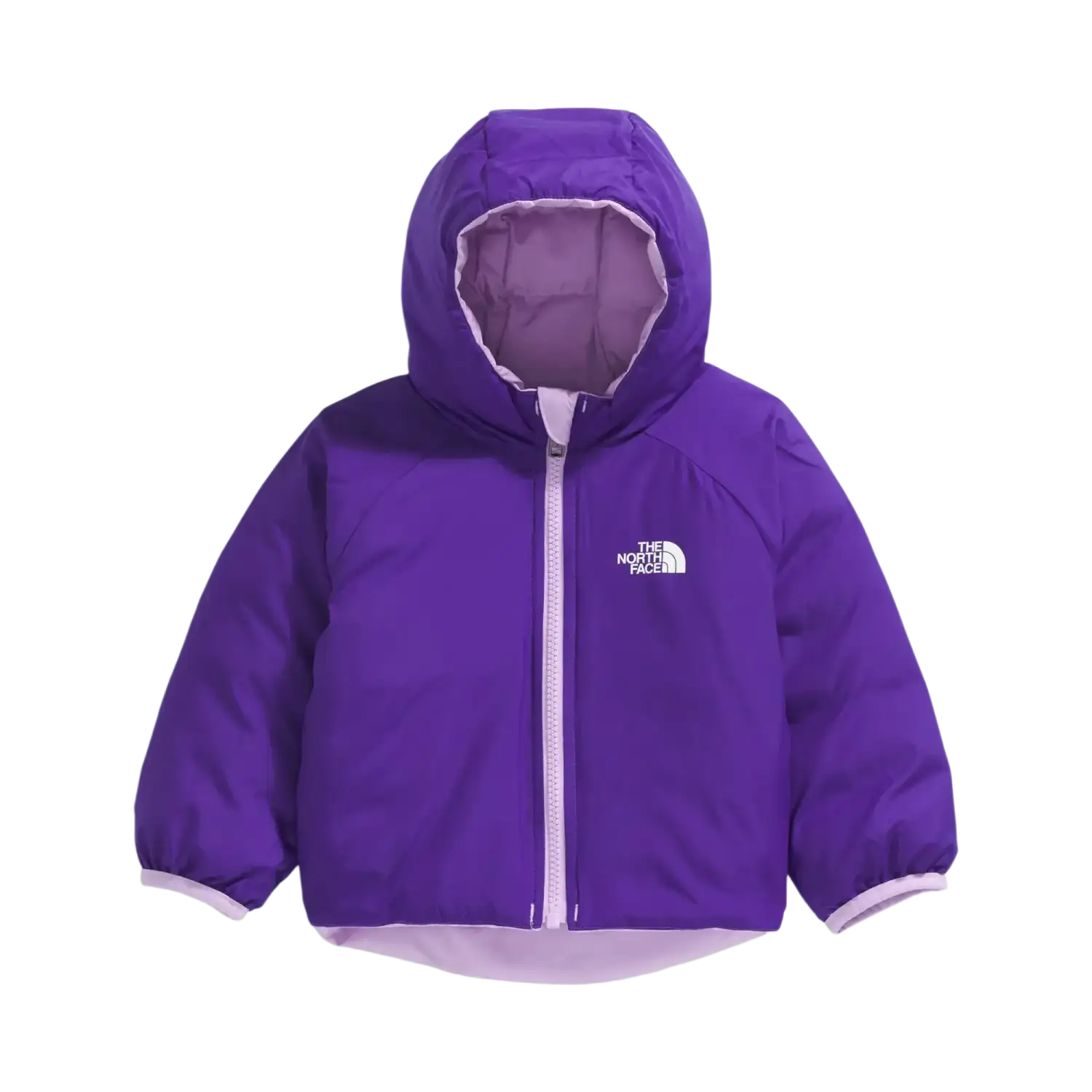 The North Face Baby Reversible Perrito Hooded Jacket in Lite Lilac, front view of inside flat