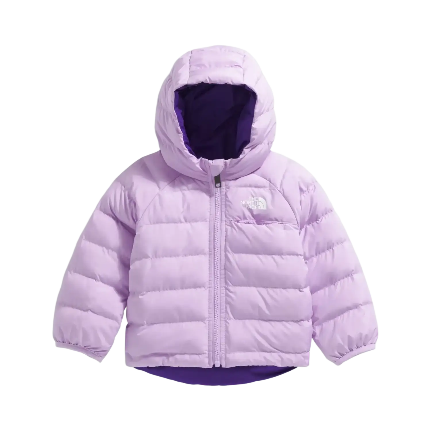 The North Face Baby Reversible Perrito Hooded Jacket in Lite Lilac, front view flat