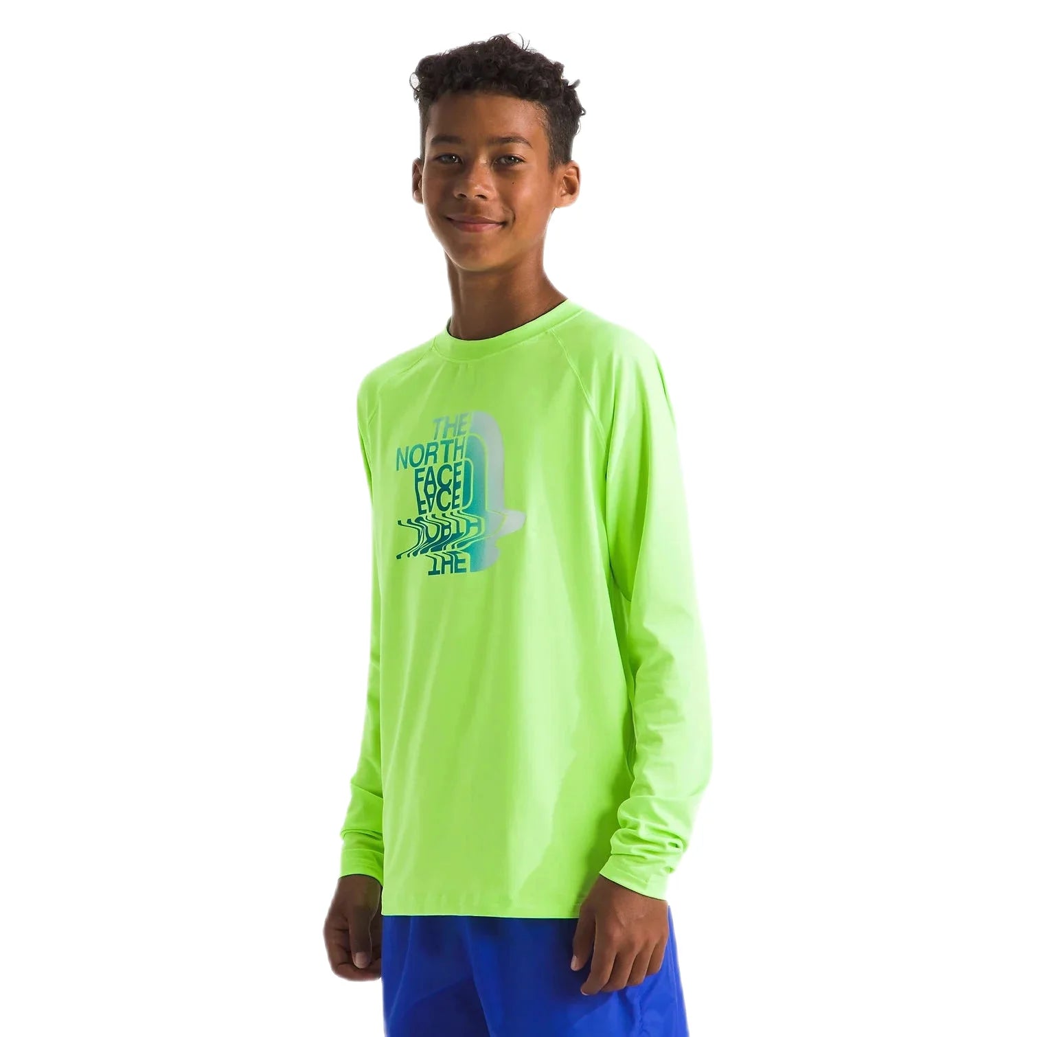 The North Face Boys’ Amphibious Long-Sleeve Sun Tee Safety Green Model Side