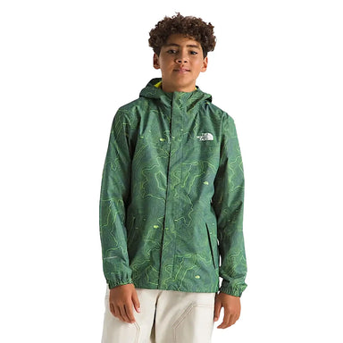 The North Face Boys' Antora Rain Jacket in duck green & TNF topo print, model front