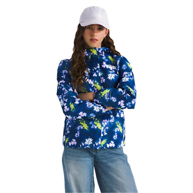 The North Face Girls' Antora Rain Jacket in Estate Blue Florescent Floral Print, model front