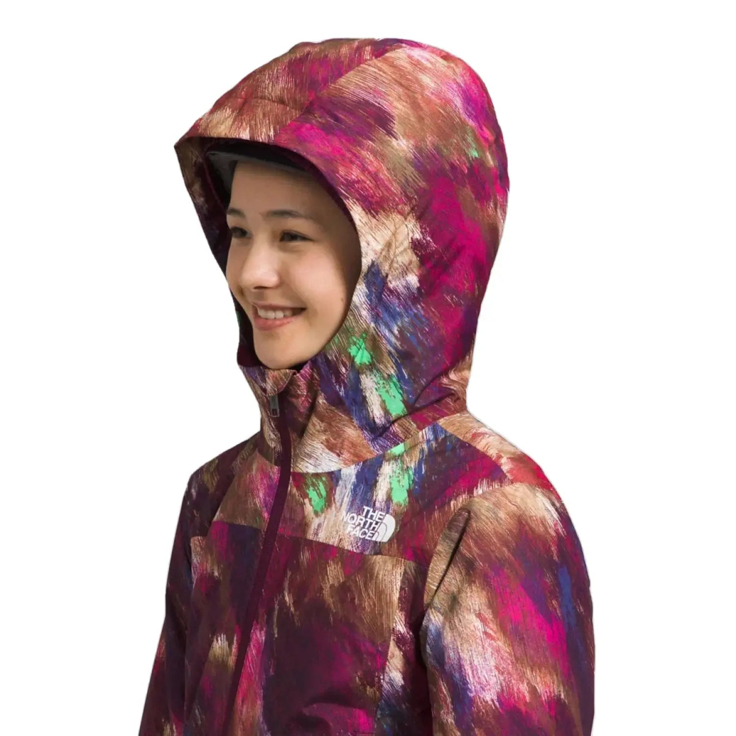 The North Face Girl's Freedom Insulated Jacket shown in Boysenberry Paint. Hood view on model.