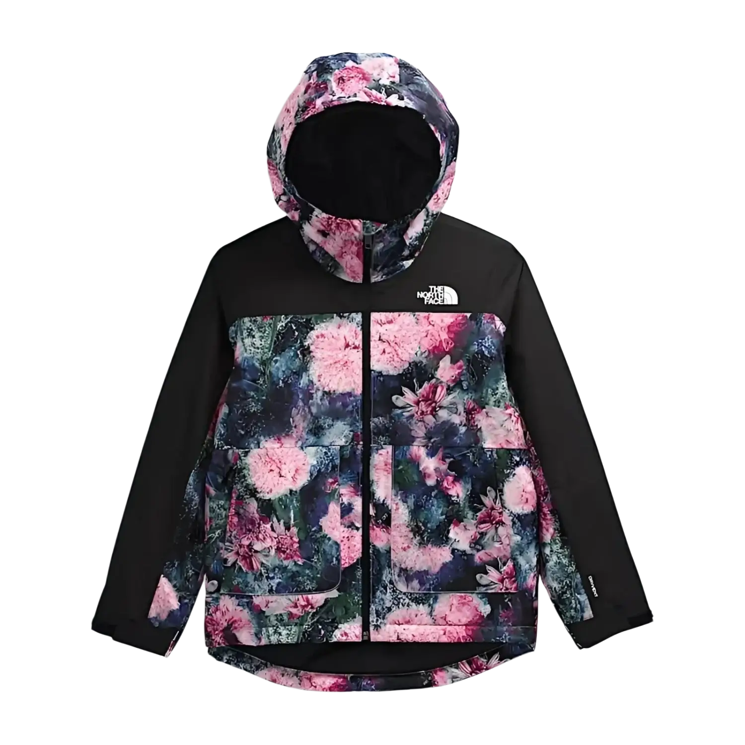 The North Face Girl's Freedom Insulated Jacket in pale blosson frozen flower print, flat front view