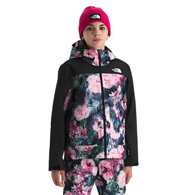 The North Face Girl's Freedom Insulated Jacket in pale blosson frozen flower print, on model front view