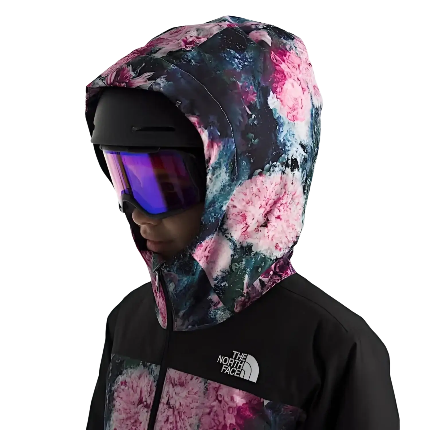 The North Face Girl's Freedom Insulated Jacket in pale blosson frozen flower print, on model hood up