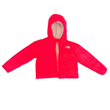 the north face girls reversible shasta hooded jacket in radiant poppy front flat view