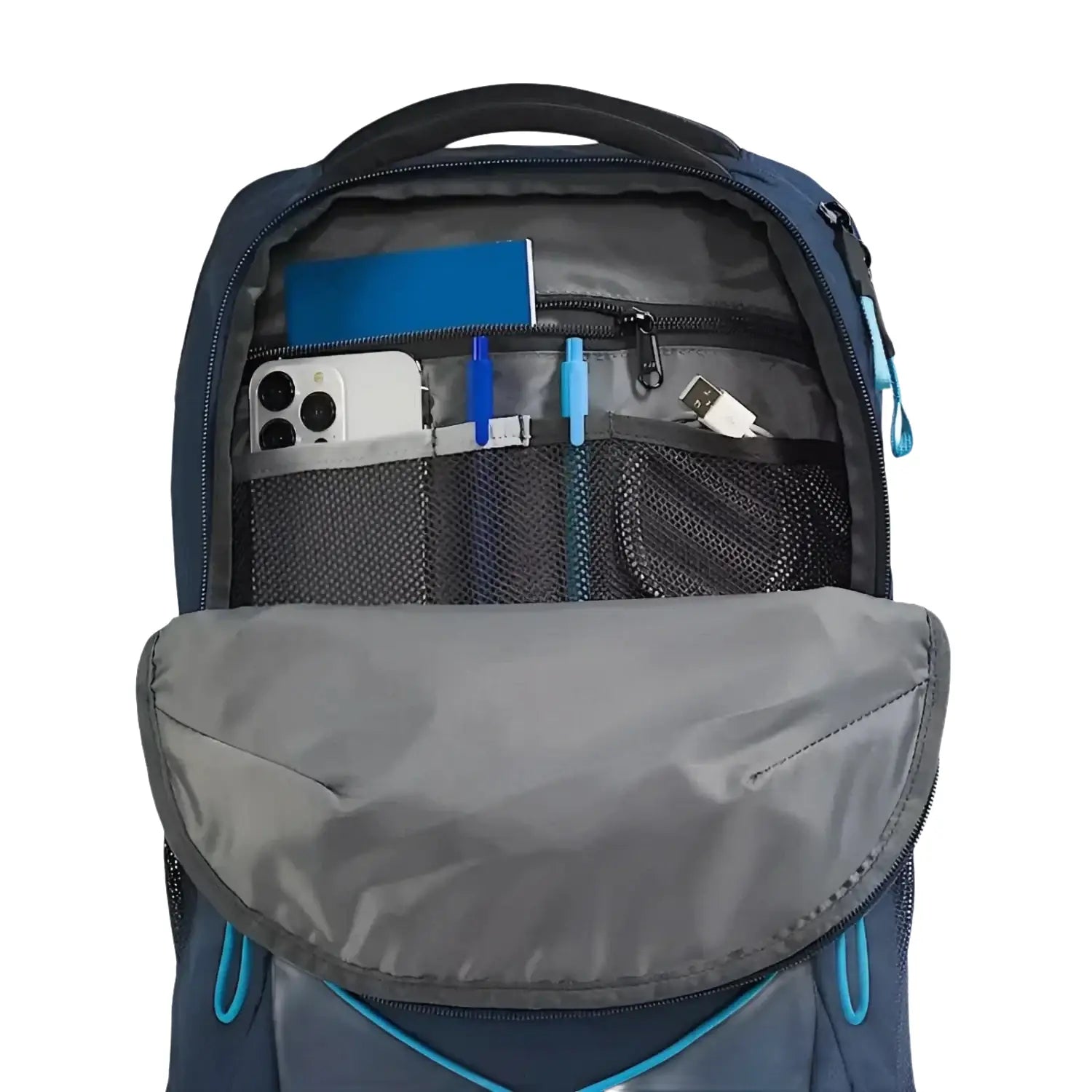 The North Face Jester Backpack in eagle blue & meridian blue, front pocket open view