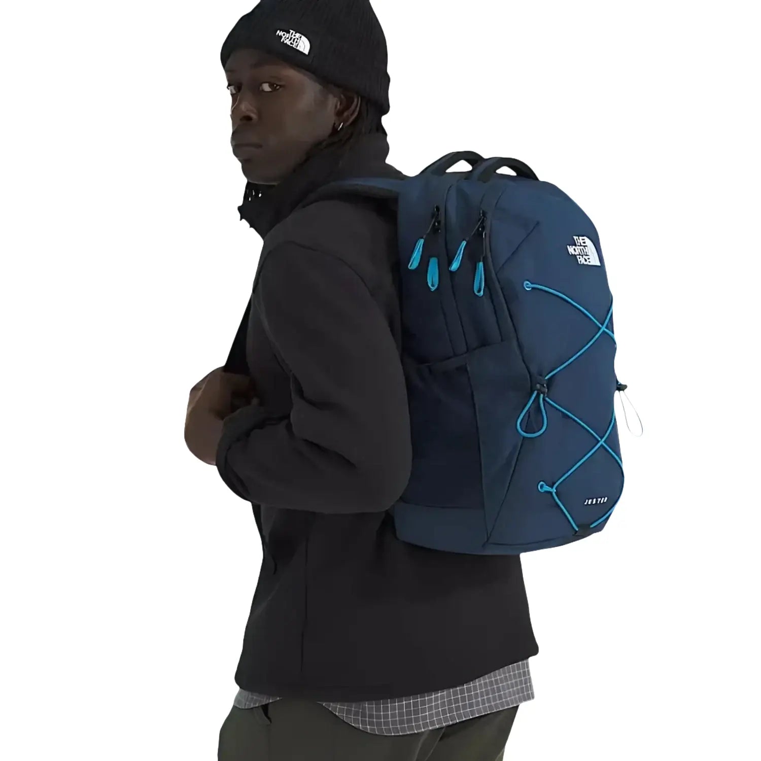 The North Face Jester Backpack in eagle blue & meridian blue, on model front view