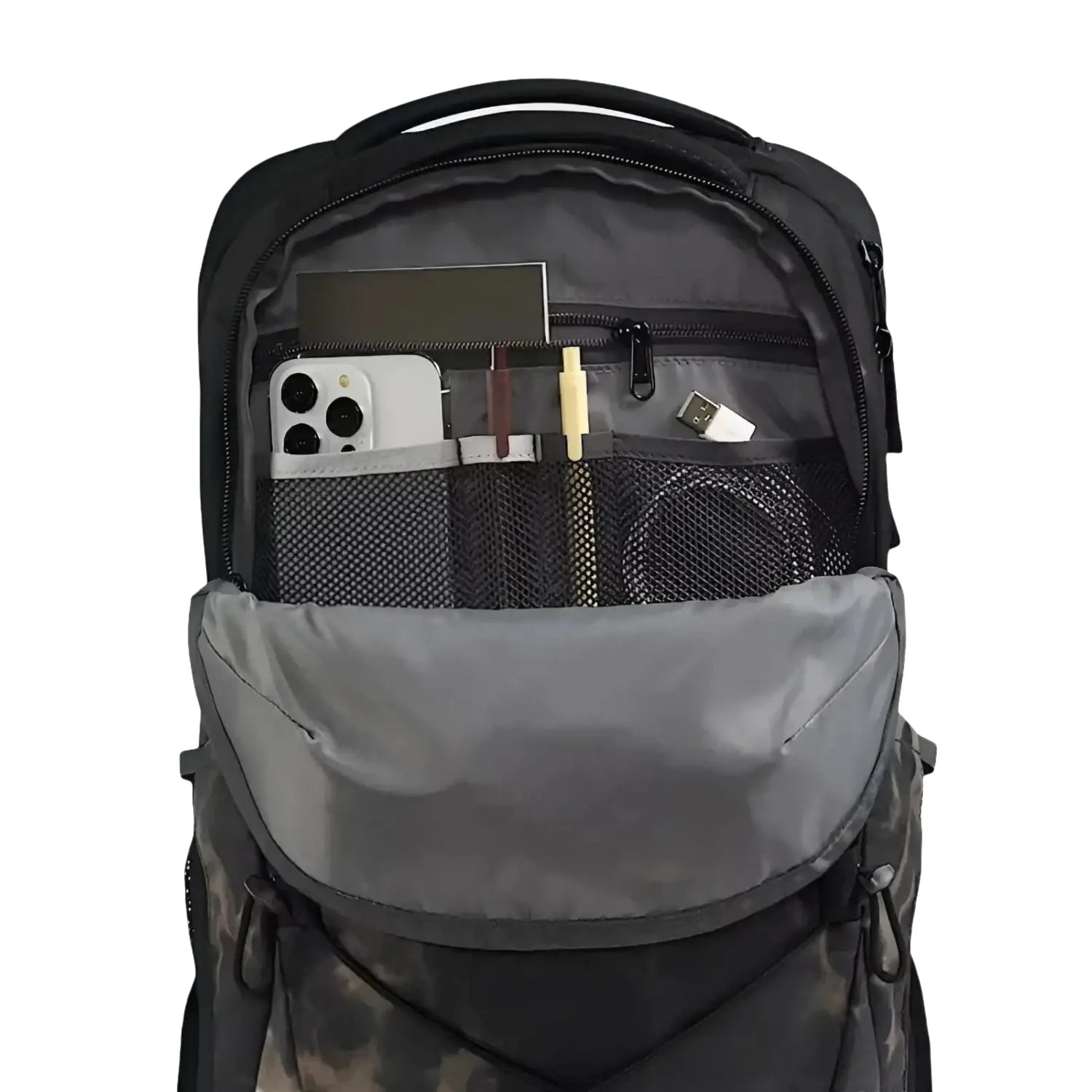 The North Face Jester Backpack in tnf black light refractions & tnf black, front pocket open view