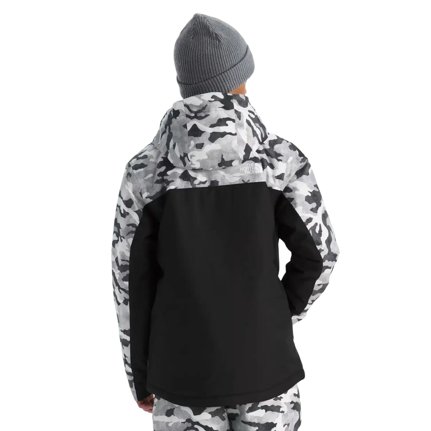 The North Face Kid's Freedom Insulated Jacket in Smoked Pearl Camo, back view on model 