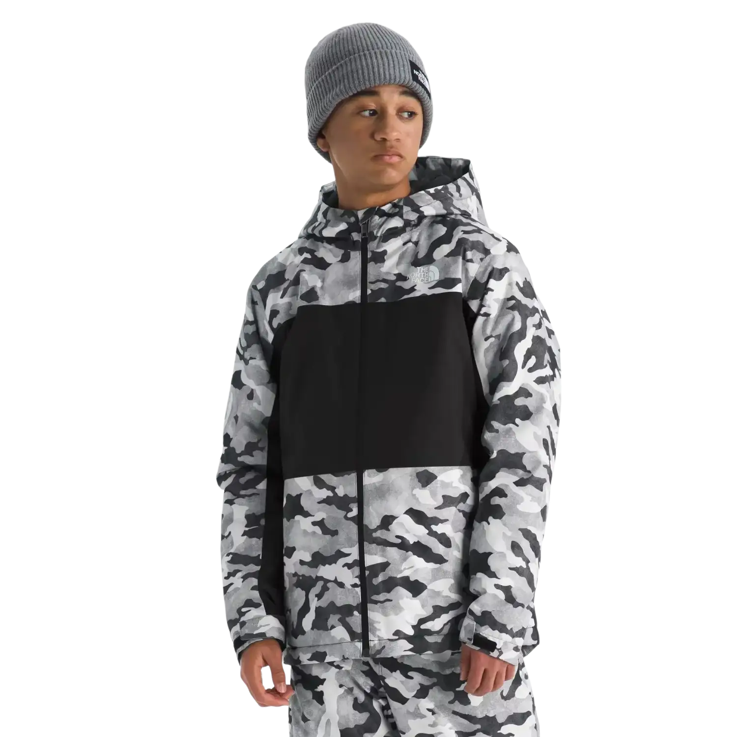 The North Face Kid's Freedom Insulated Jacket in Smoked Pearl Camo, front view on model 