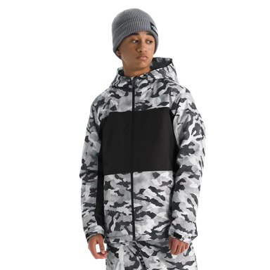 The North Face Kid's Freedom Insulated Jacket in Smoked Pearl Camo, front view on model 