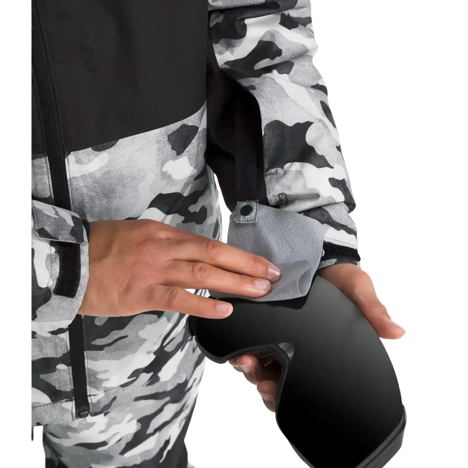 The North Face Kid's Freedom Insulated Jacket in Smoked Pearl Camo, view of model with cleaner