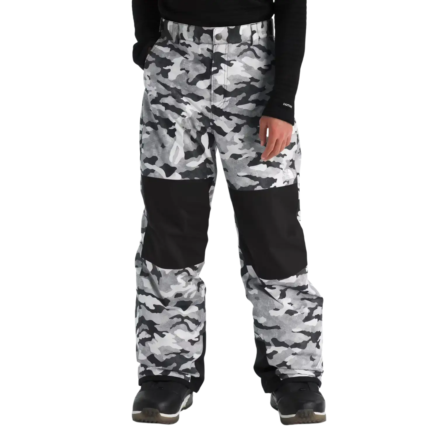 The North Face K's Freedom Insulated Pants in Smoked Pearl TNF Camo, front view on model