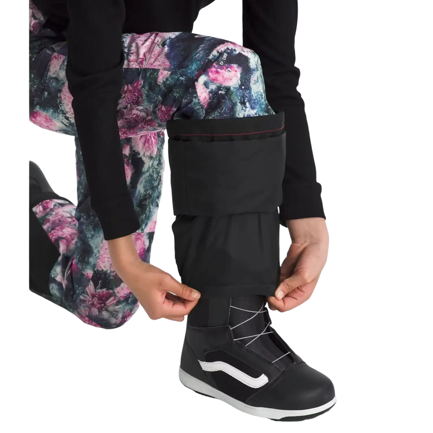 The North Face Kid's Freedom Insulated Pants in Pale Blossom Frozen Floral Print, view of cuff