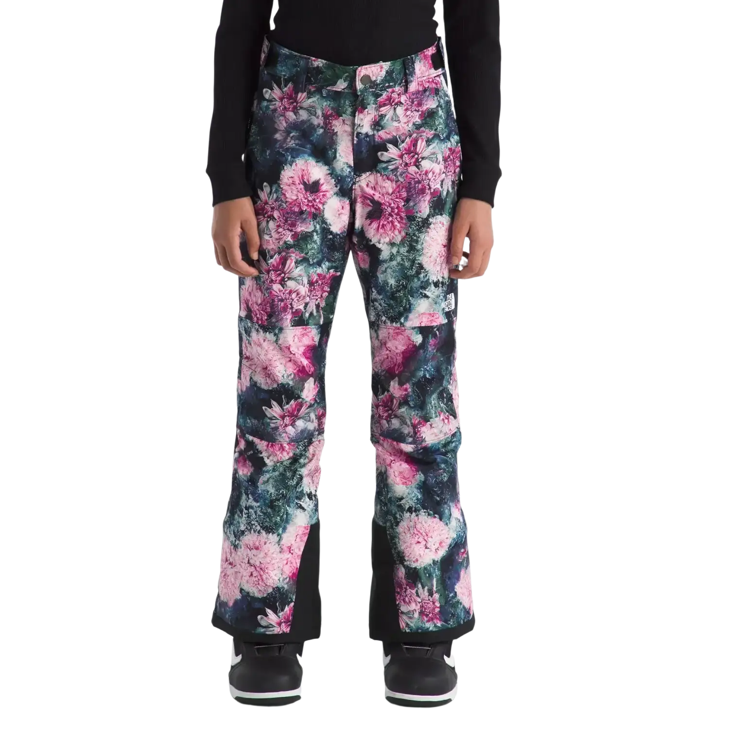The North Face Kid's Freedom Insulated Pants in Pale Blossom Frozen Floral Print, front view on model 