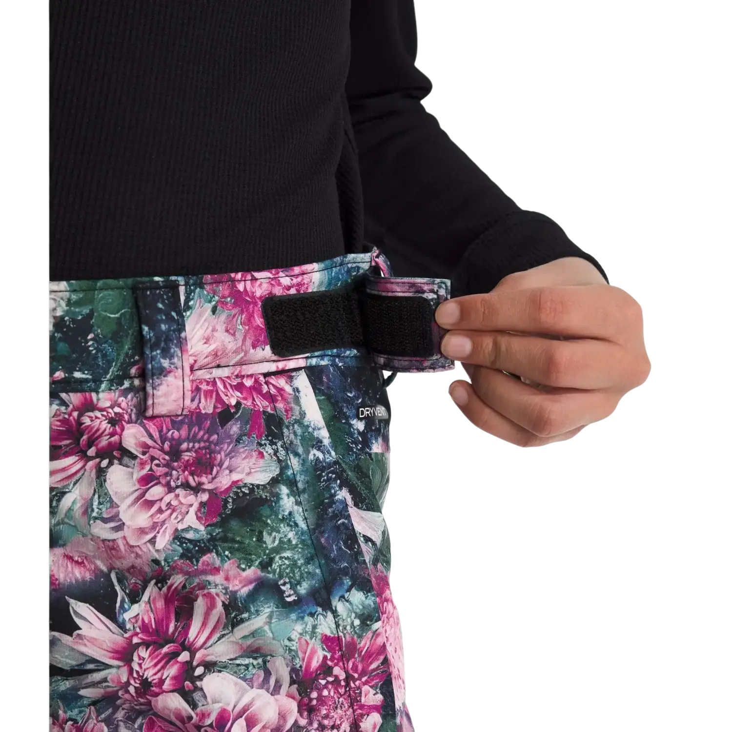 The North Face Kid's Freedom Insulated Pants in Pale Blossom Frozen Floral Print, view of waist 