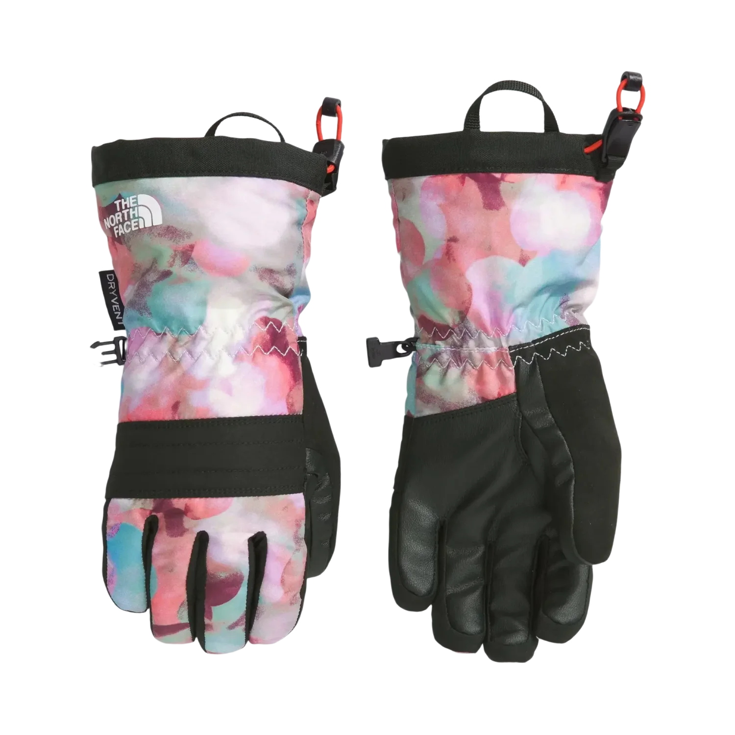 The North Face K's Montana Ski Gloves in Lite Lilac Lens Flare Print, front and back view flat