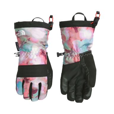 The North Face K's Montana Ski Gloves in Lite Lilac Lens Flare Print, front and back view flat