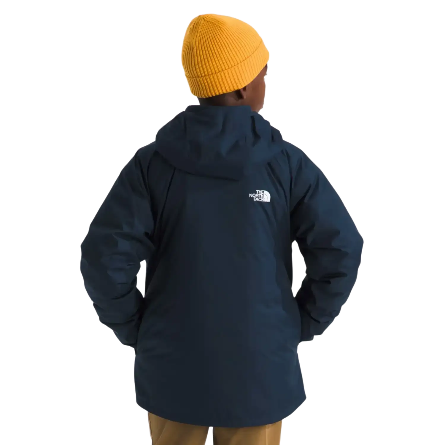 The North Face Kid's Perrito 4-N-1 Hooded Jacket in Summit Navy, back view on model 