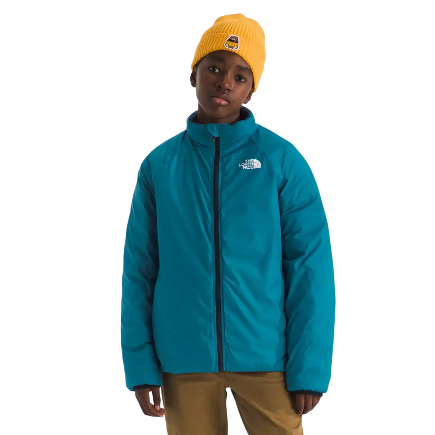 The North Face Kid's Perrito 4-N-1 Hooded Jacket in Summit Navy, front view on model 
