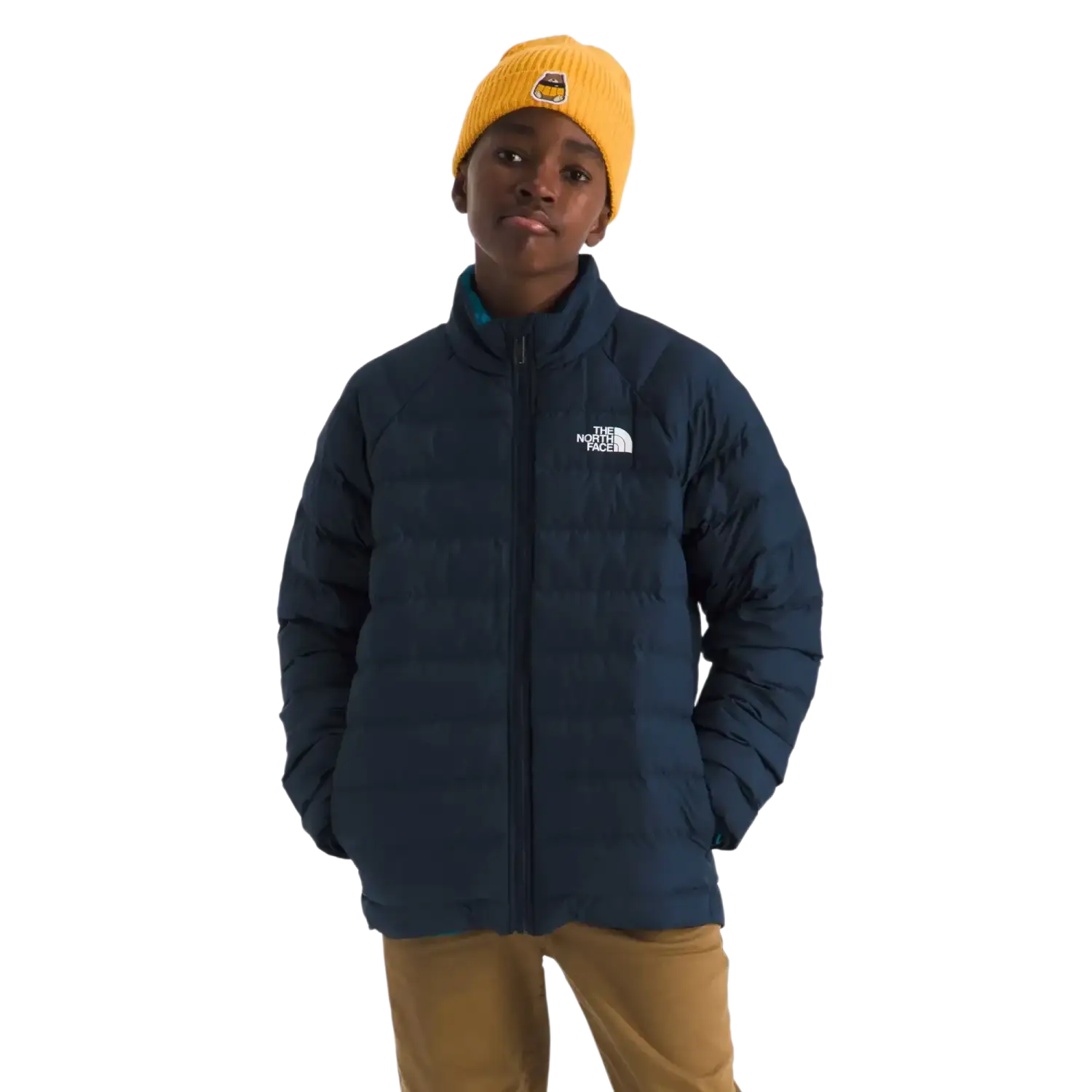 The North Face Kid's Perrito 4-N-1 Hooded Jacket in Summit Navy, front view on model 