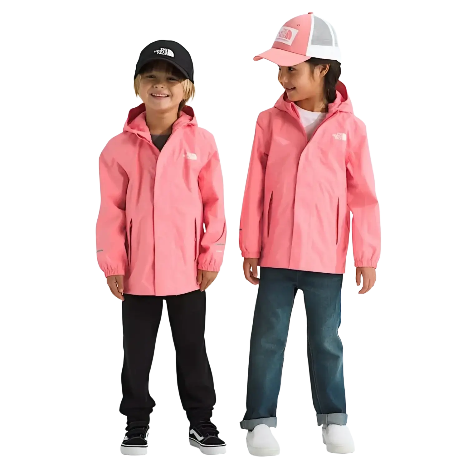 The North Face Kid's Antora Rain Jacket in coral crush, on models front view