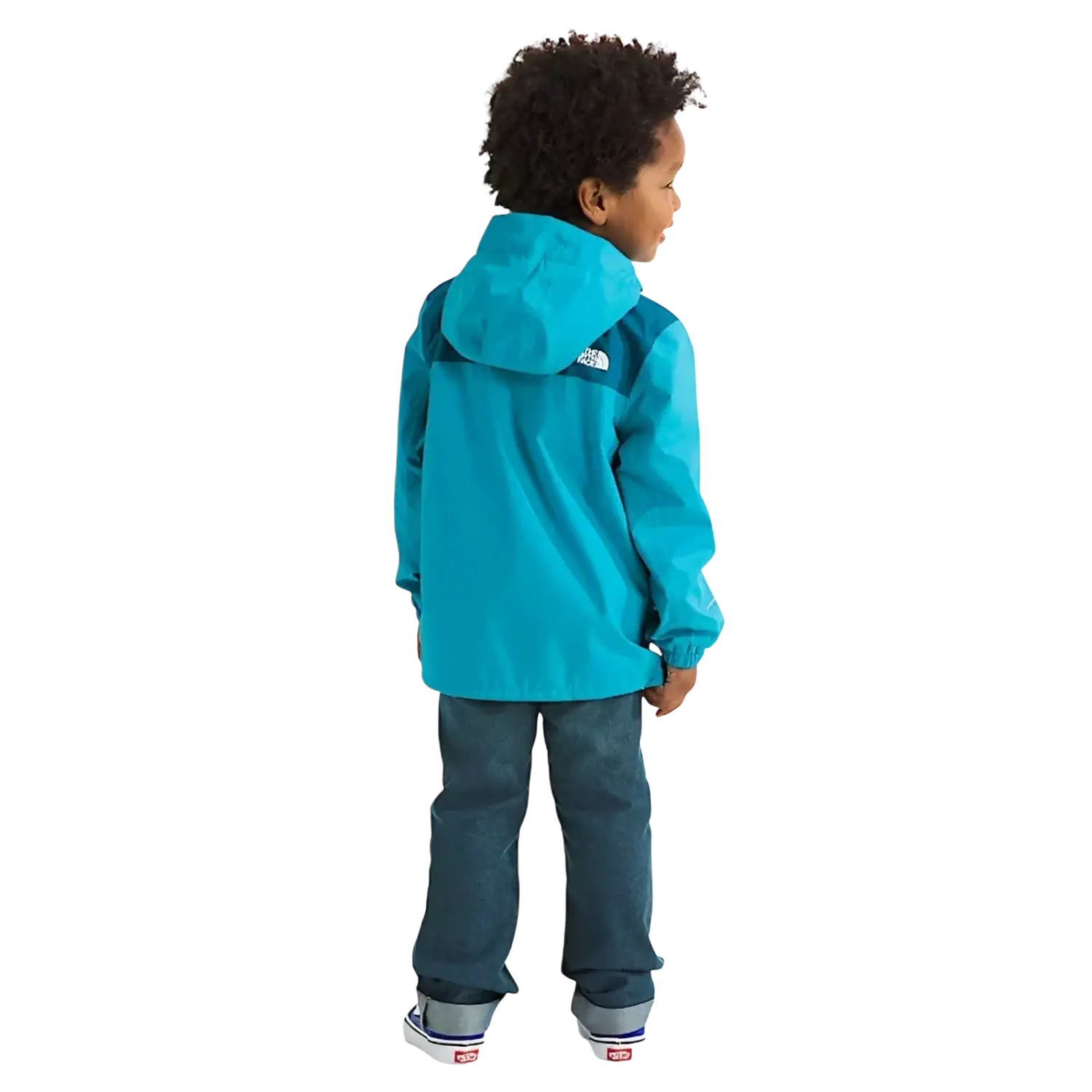 The North Face Kid's Antora Rain Jacket in meridian blue & dusk, on model back view