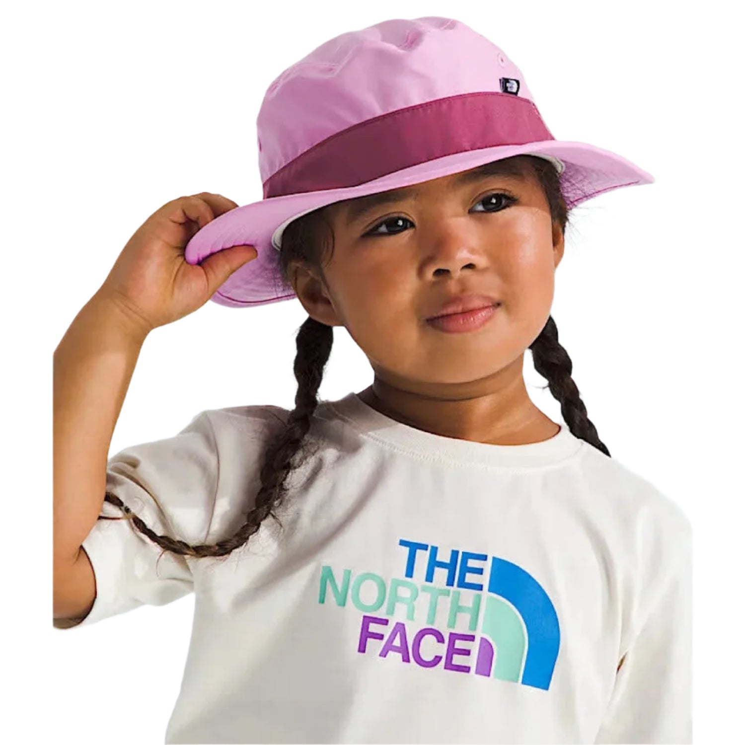 The North Face Kid's Class V Brimmer in hero blue tnf phantom topo print, on model front view