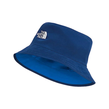 The North Face Kid's Class V Reversible Bucket Hat in hero blue & tnf phantom topo print, reversed side view