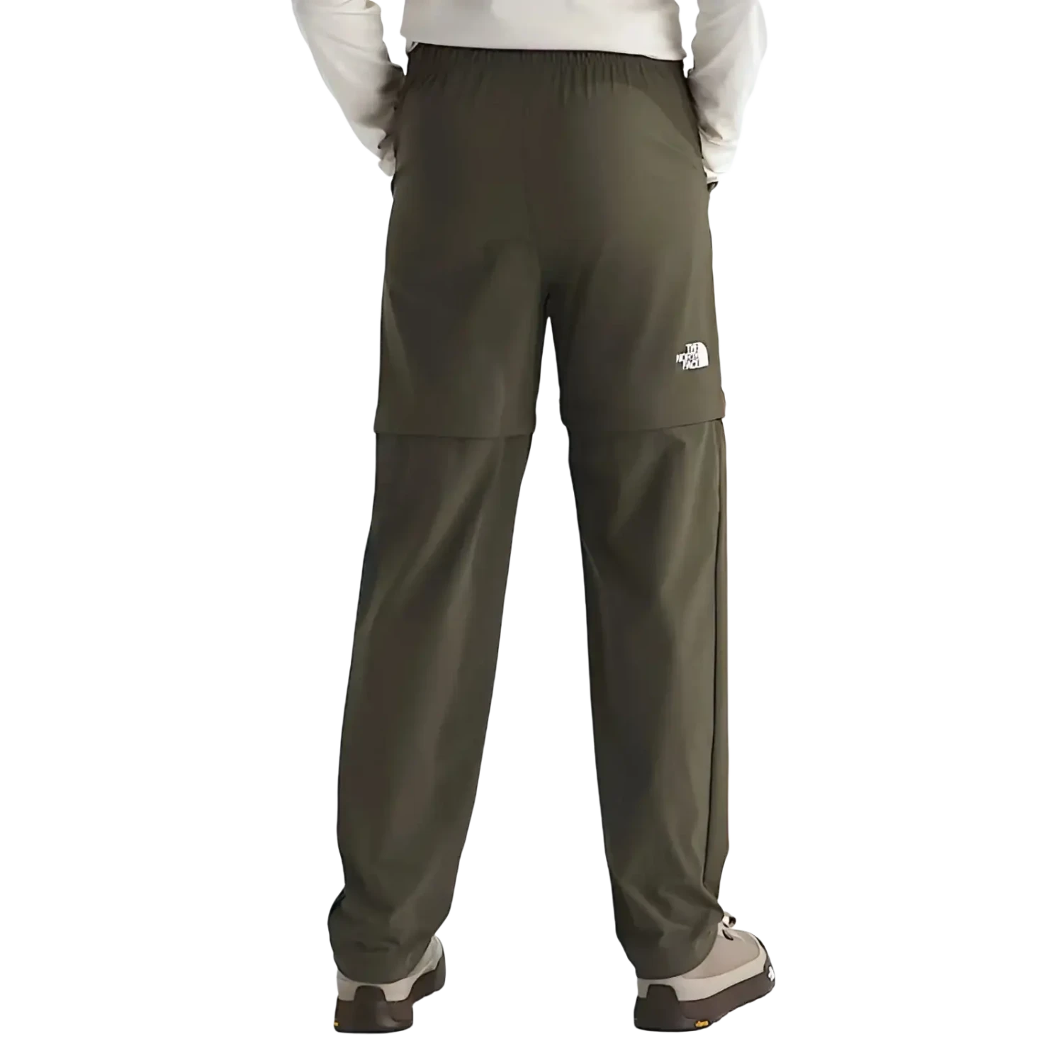 The North Face Kid's Lightweight Convertible Hike Pants in new taupe green, on model back