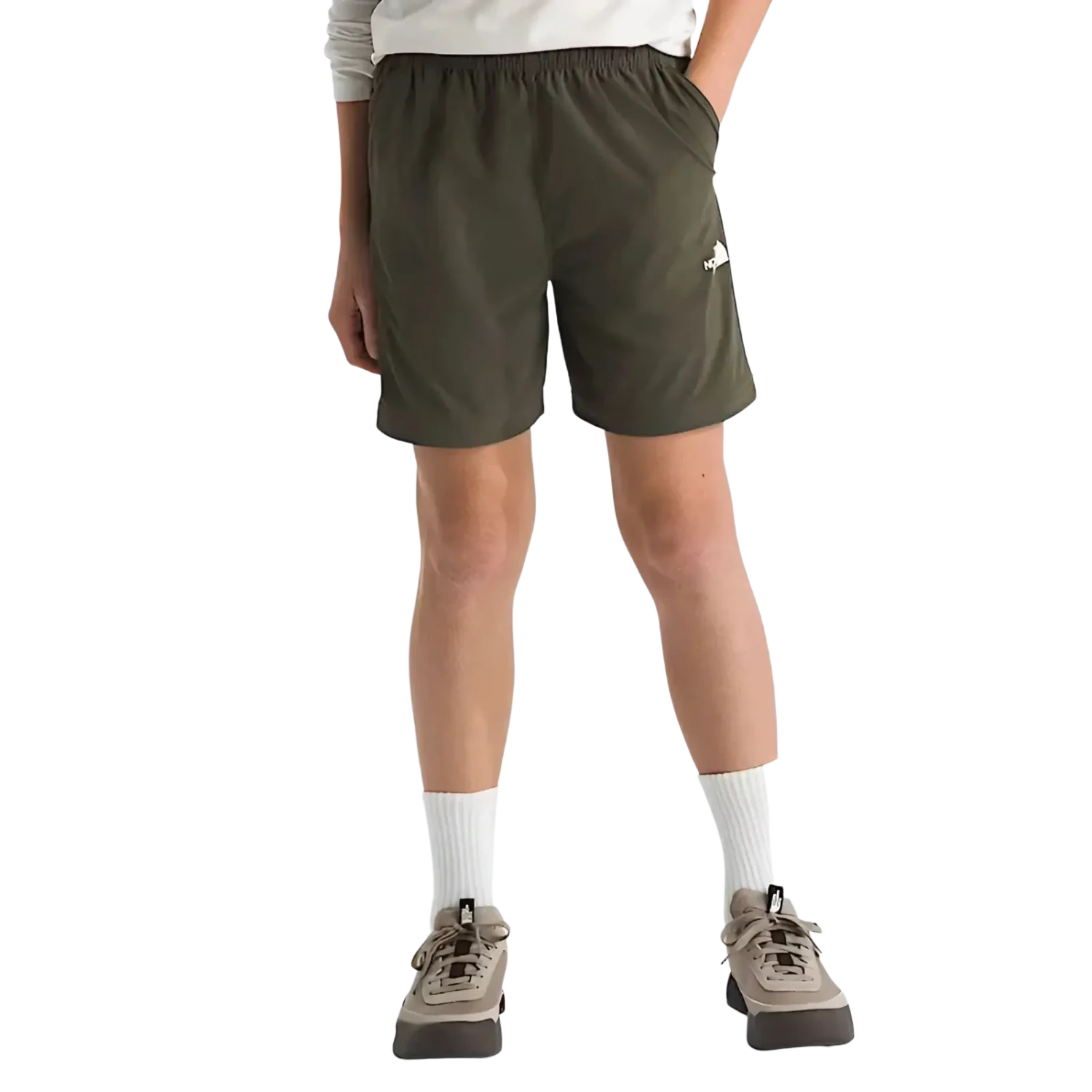 The North Face Kid's Lightweight Convertible Hike Pants in new taupe green, shorts on model front 