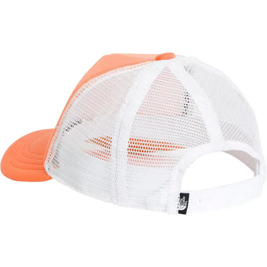 The North Face Kid's Foam Trucker Hat Dusty Coral Orange color. White mesh back with adjustable closure. Back View.