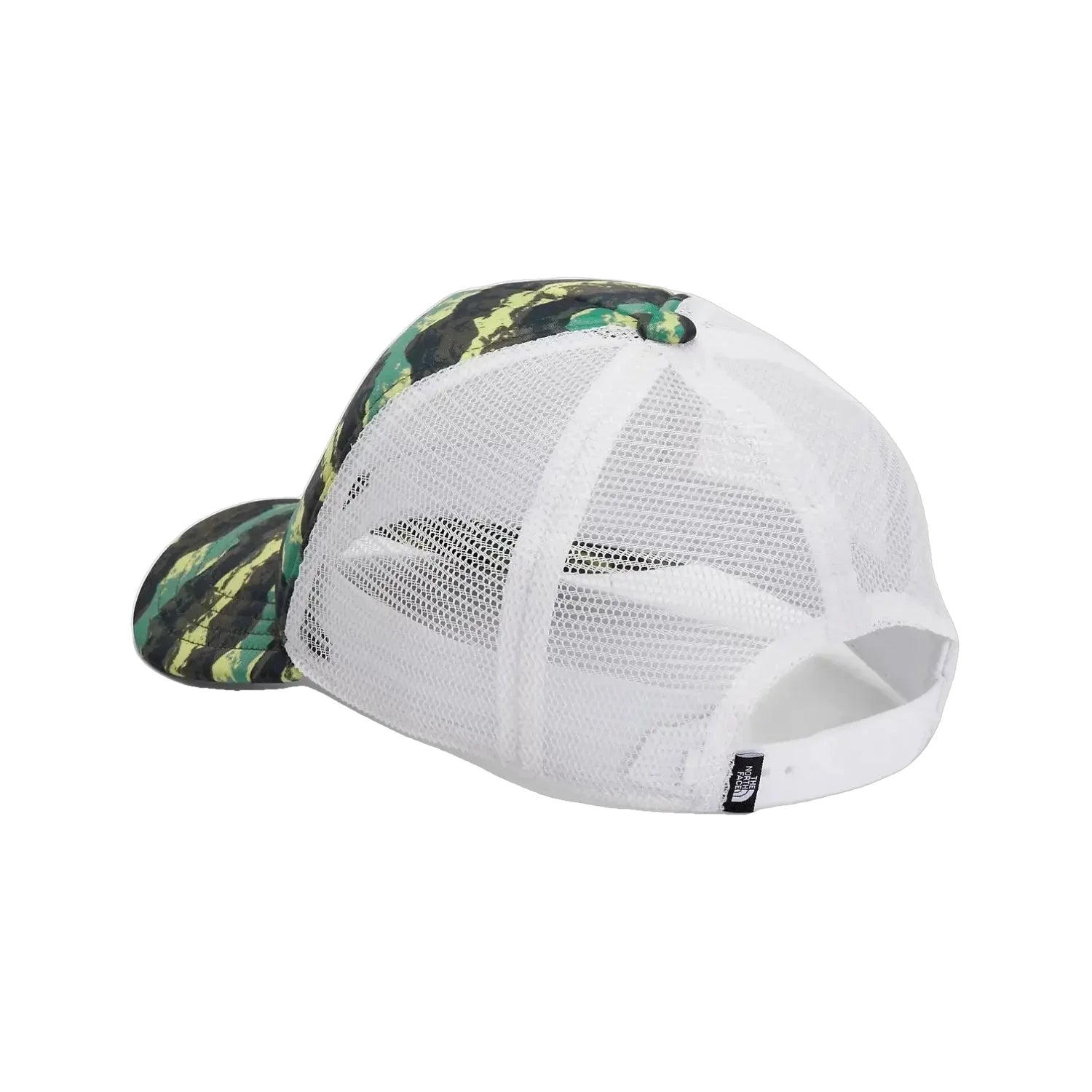 The North Face Kid's Foam Trucker Hat Deep Grass Green Mountain color. White mesh back with adjustable closure. Back View. 