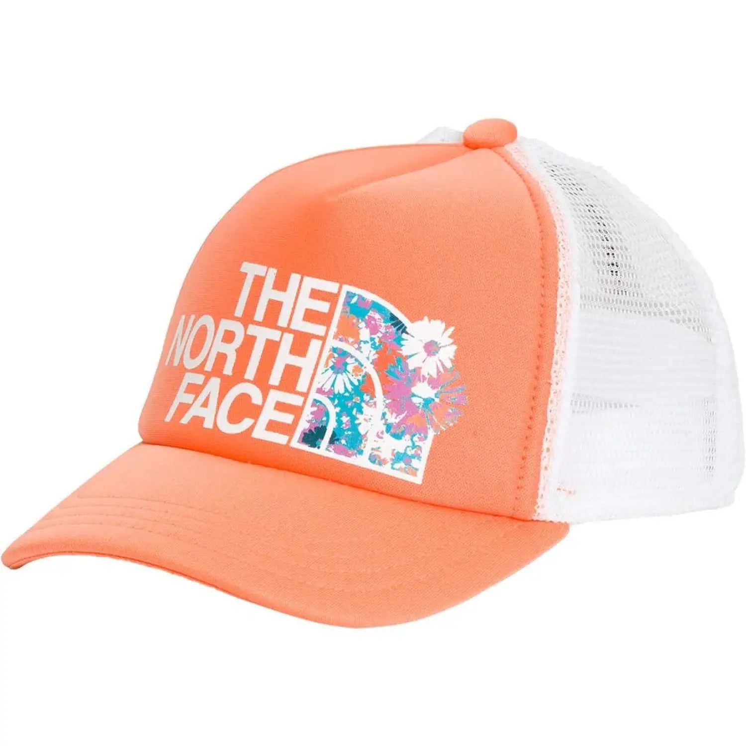 The North Face Kid's Foam Trucker Hat in Dusty Coral Orange. White Logo with pastel flowers. Front view.Front View. 
