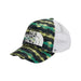 The North Face Kid's Foam Trucker Hat Deep Grass Green Mountain color. White The North Face Logo on mountain backgound in shades of green and beige. Front View. 