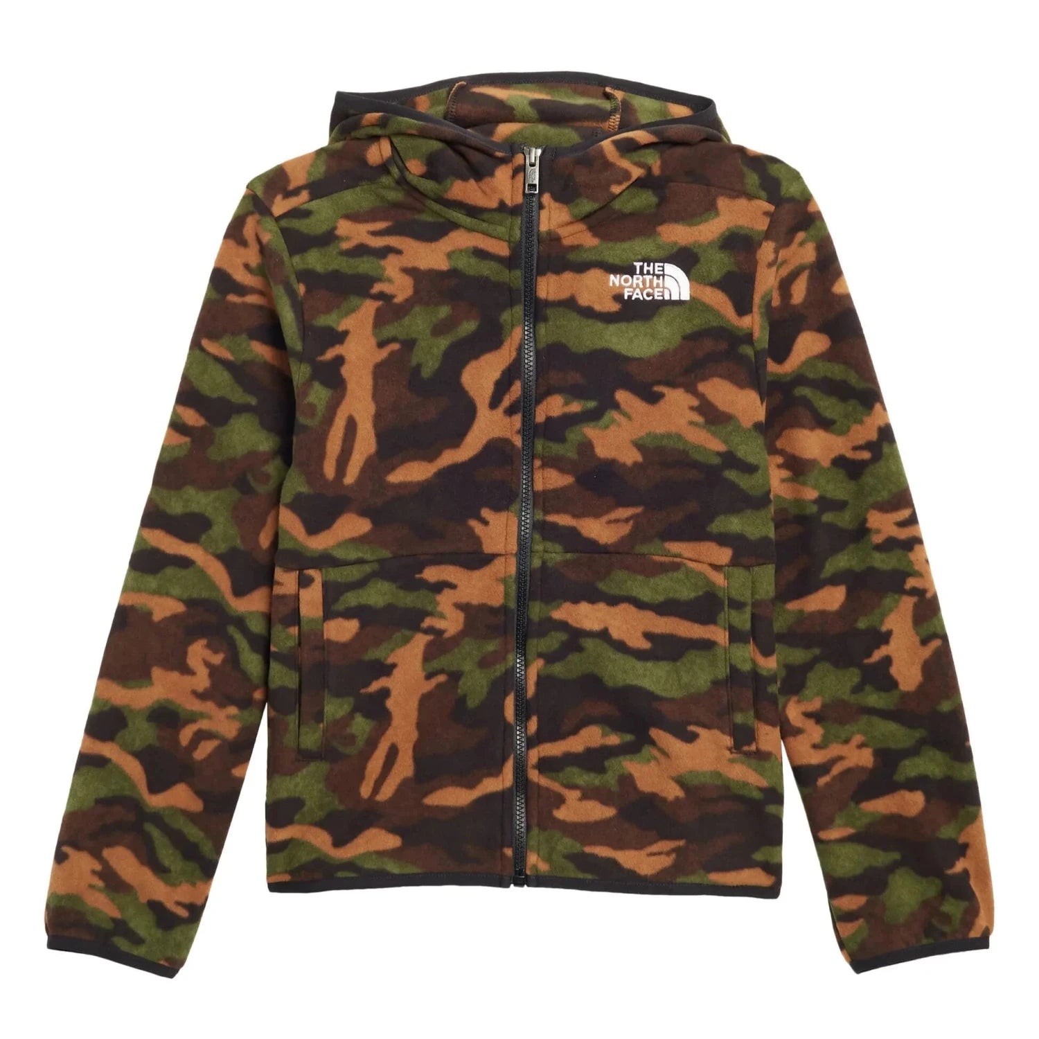 The North Face Kid's Glacier Full Zip Hoodie in black camo print, flat front