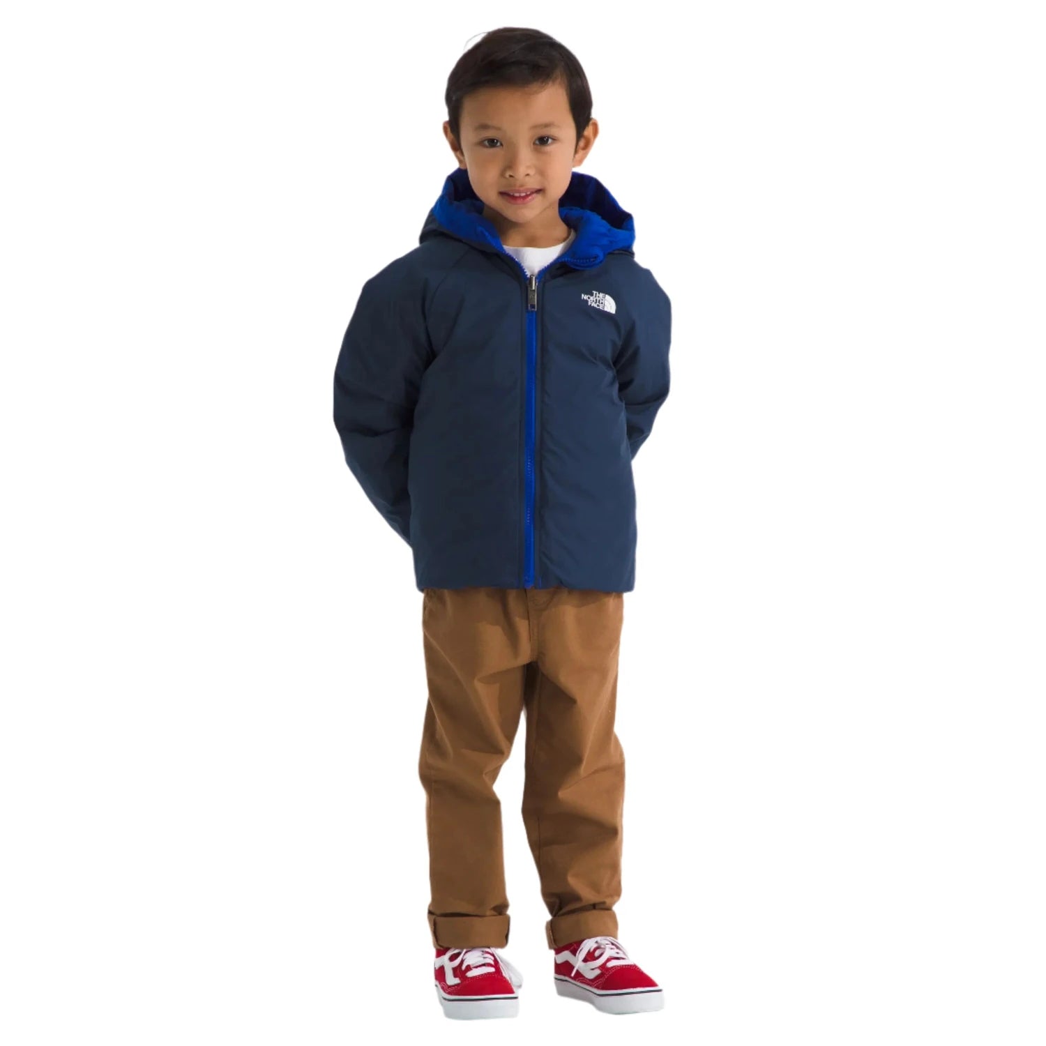 the north face kids reversible perrito hooded jacket in TNF blue front reversed model view