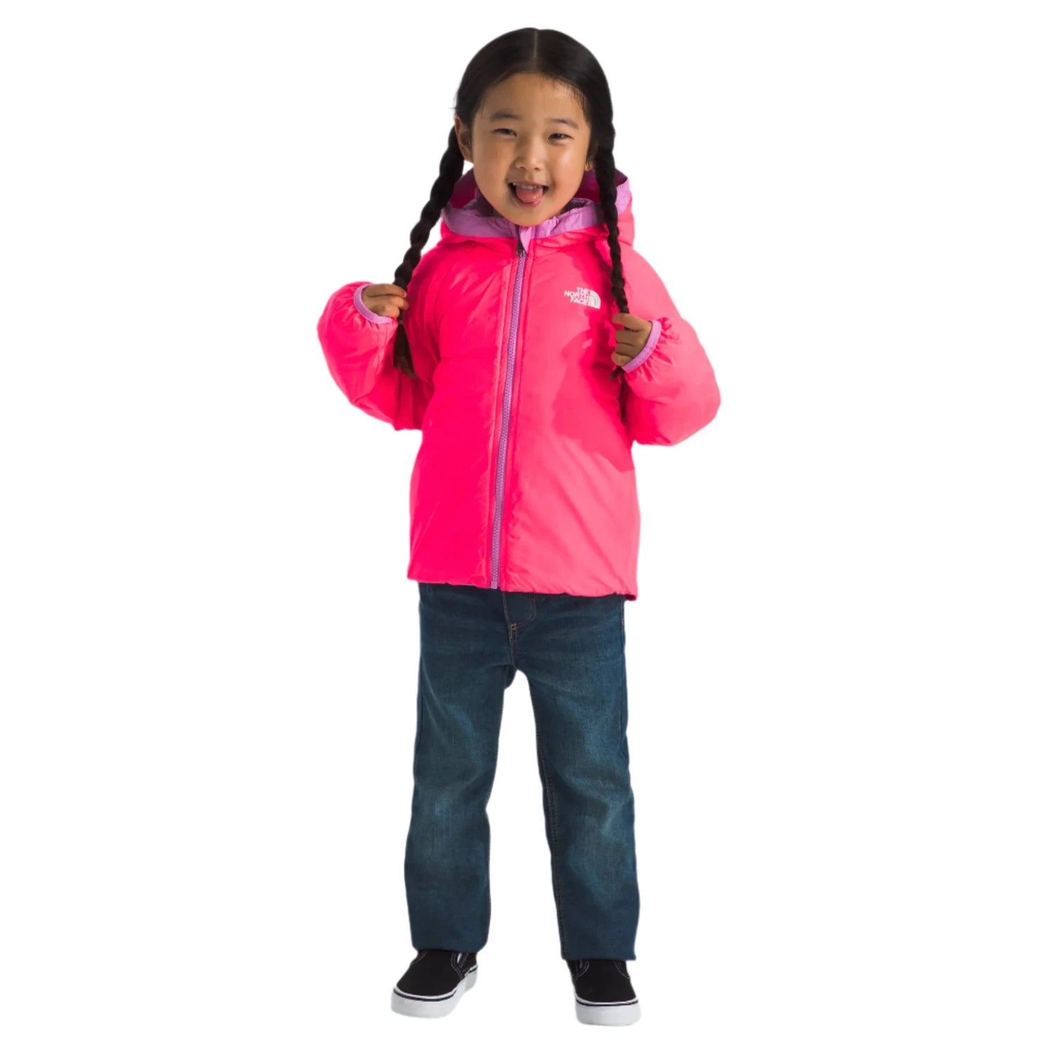 the north face kids reversible perrito hooded jacket in dragonfruit front reversed model view