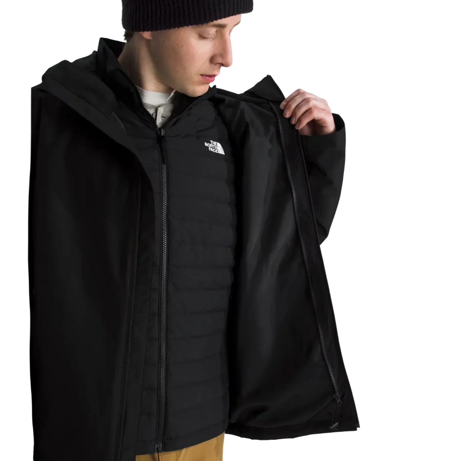The North Face Men's Carto Mono Triclimate® Hooded Jacket in TNF Black, front view on model with jacket open 
