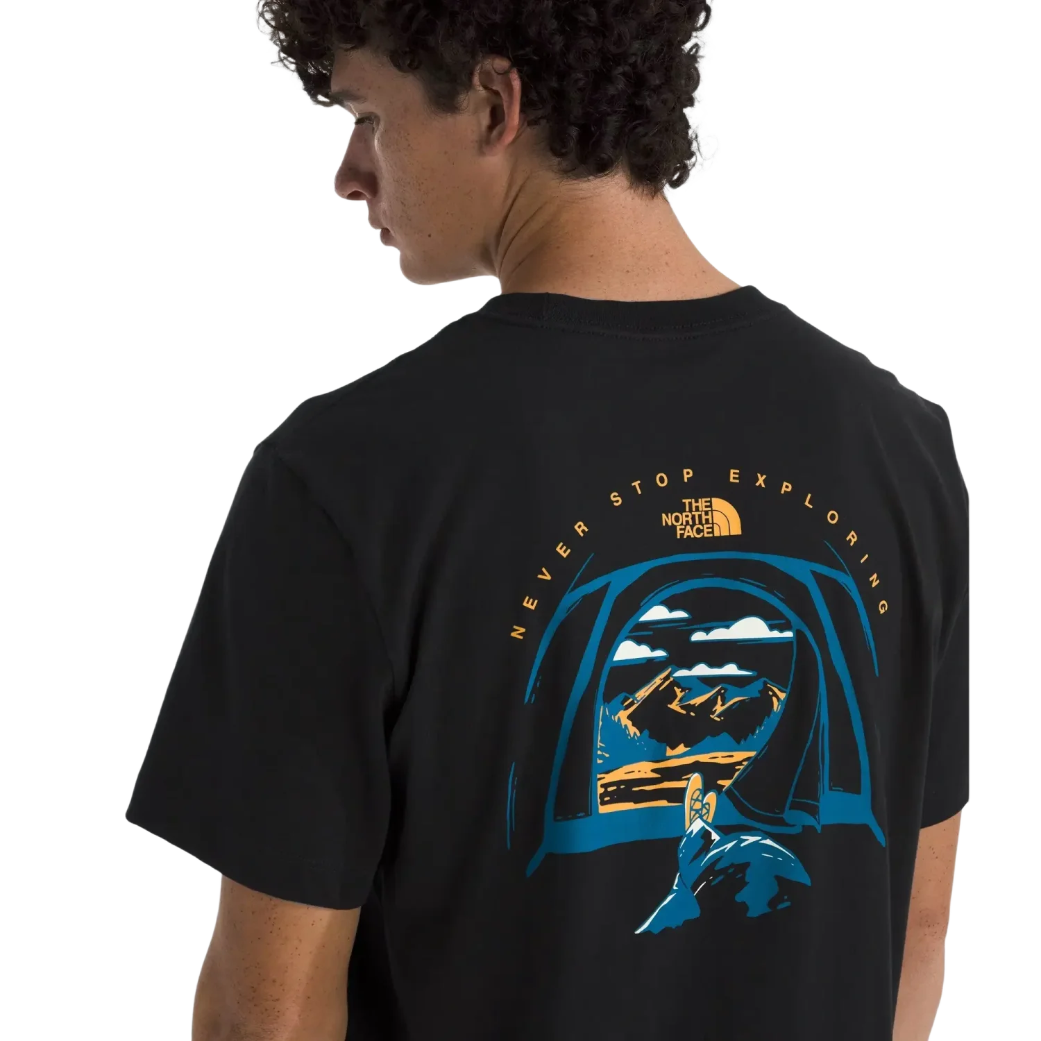 The North Face M's Evolution Tent Short-Sleeve Tee—Graphic in TNF Black, back view of graphic detail on model 