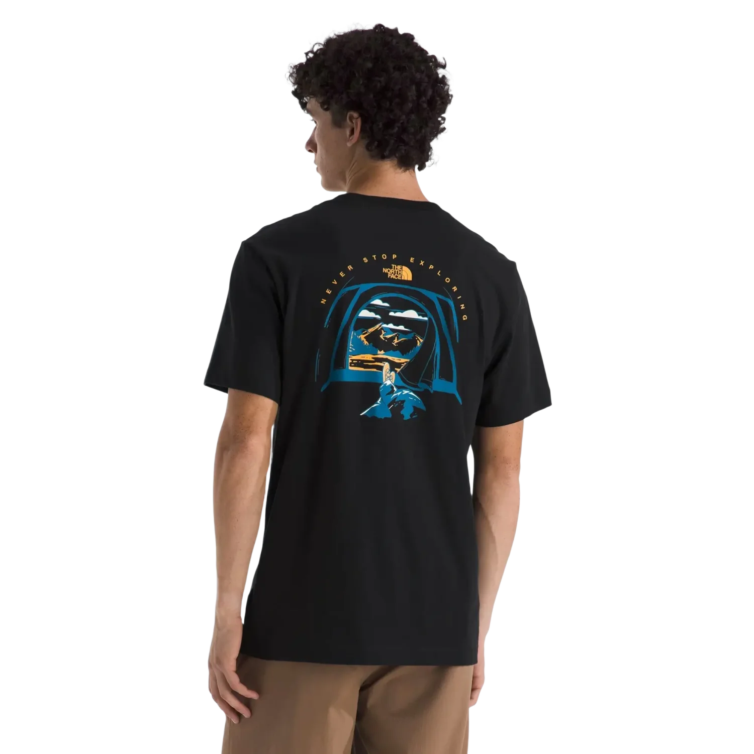 The North Face M's Evolution Tent Short-Sleeve Tee—Graphic in TNF Black, back view on model 