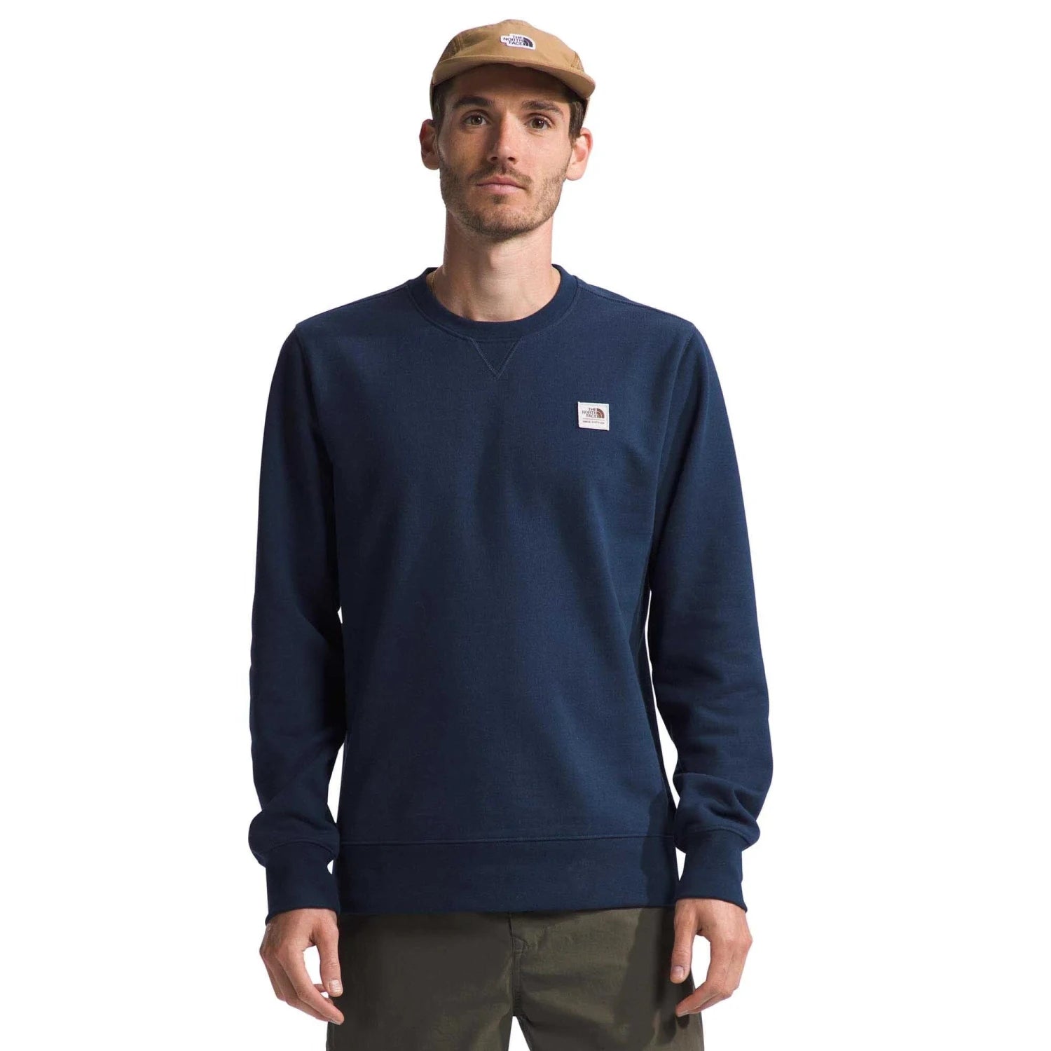 The North Face M's Heritage Patch Crew Sweatshirt, Summit Navy/TNF White, front view on model