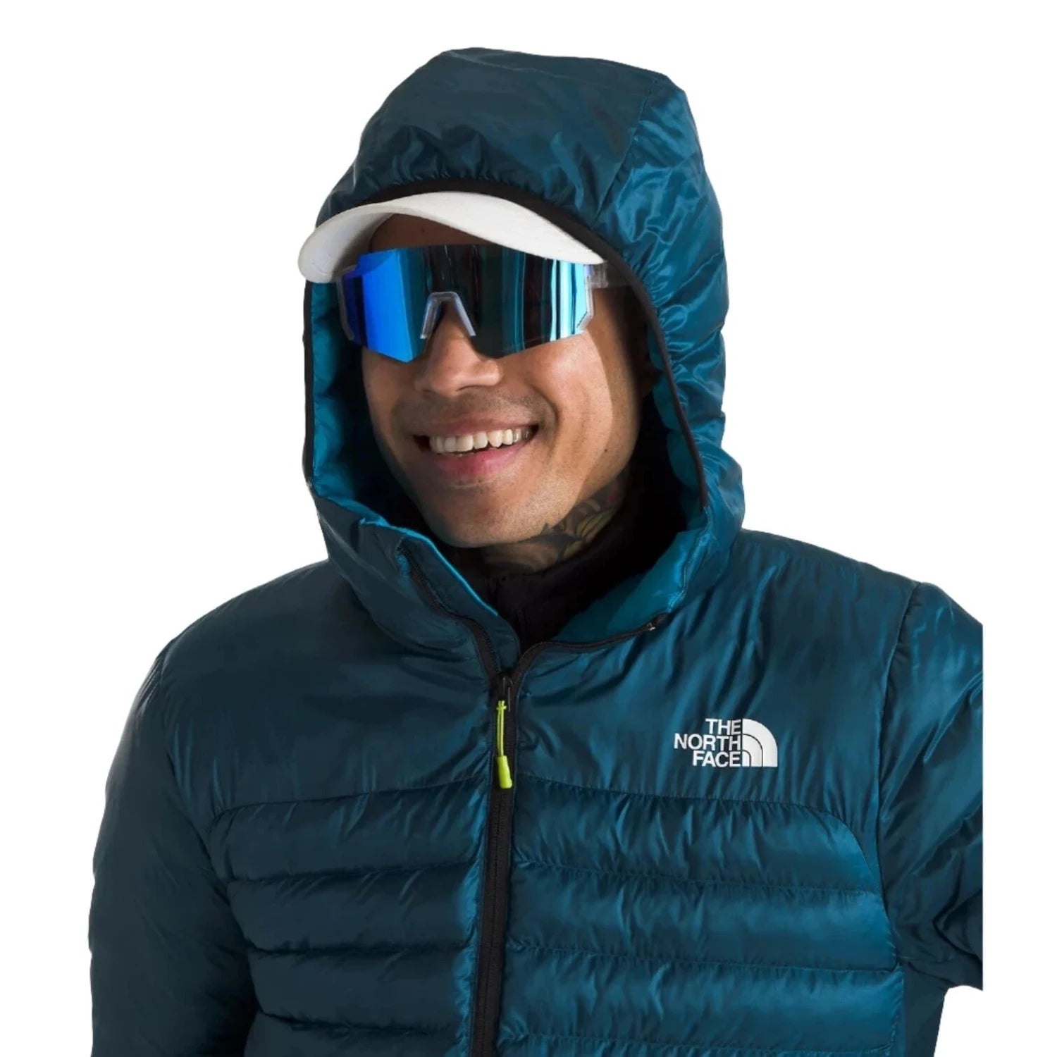 The North Face M’s Terra Peak Hoodie, Midnight Petrol, front view on model of hood up