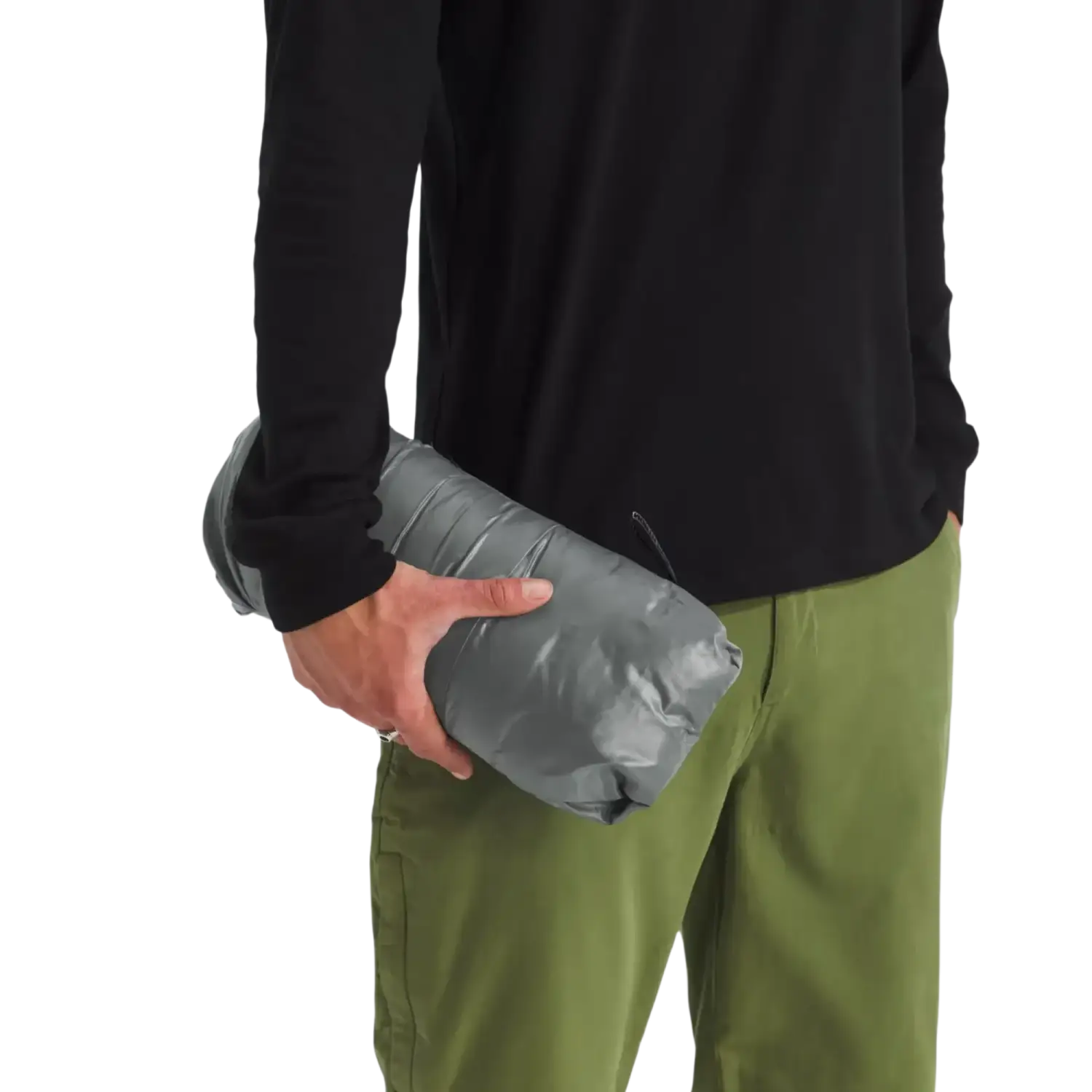 The North Face Men's THERMOBALL™ Jacket in Smoked Pearl, view of model holding jacket packed up 