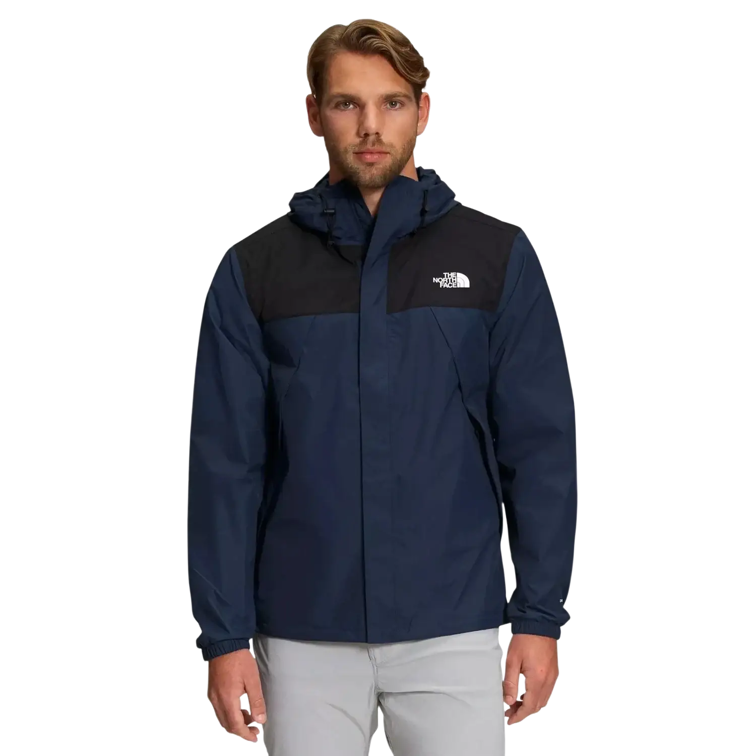 The North Face Men's Antora Rain Jacket in summit navy & tnf black, on model front view