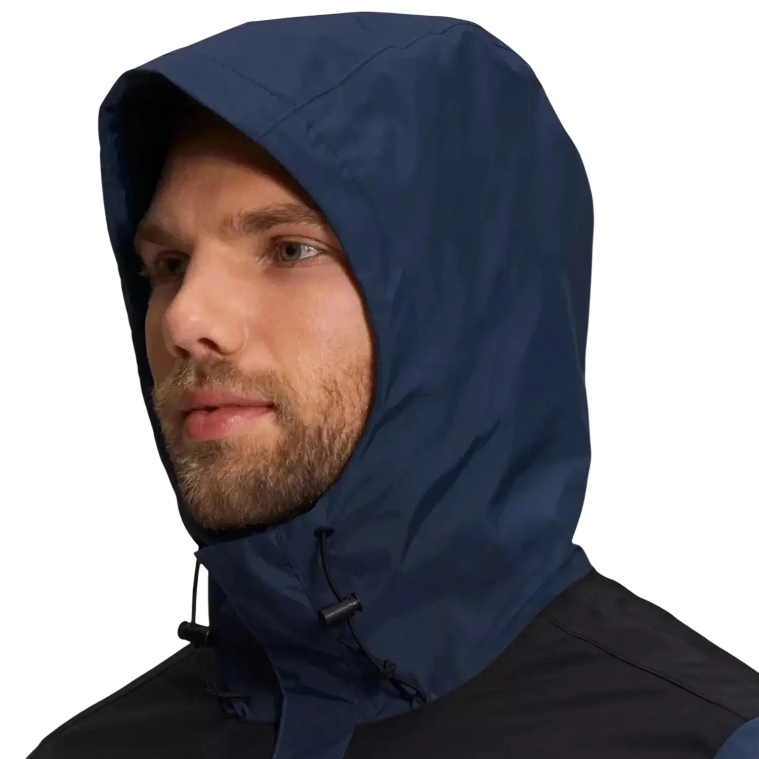 The North Face Men's Antora Rain Jacket in summit navy & tnf black, on model front hood up view