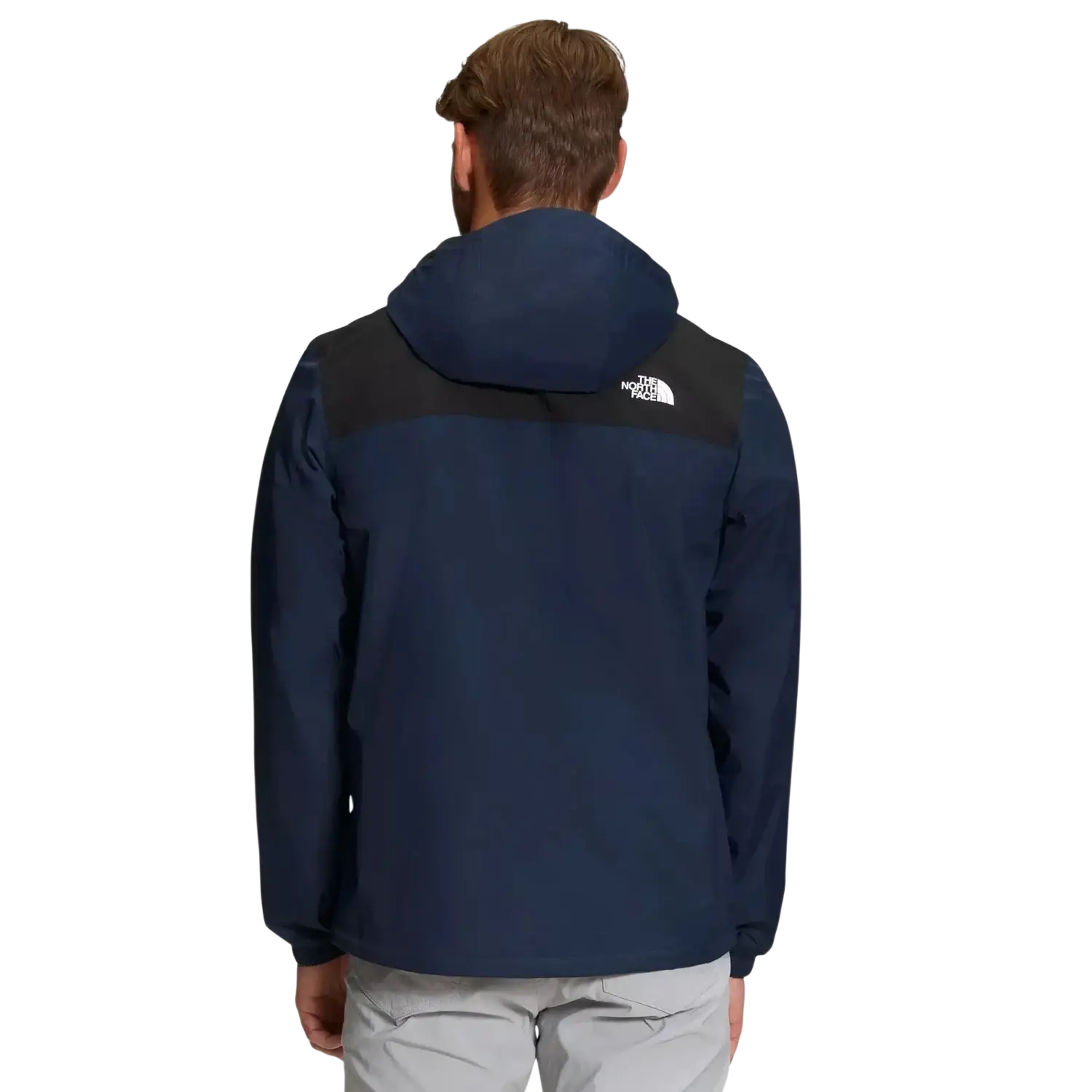 The North Face Men's Antora Rain Jacket in summit navy & tnf black, on model back view