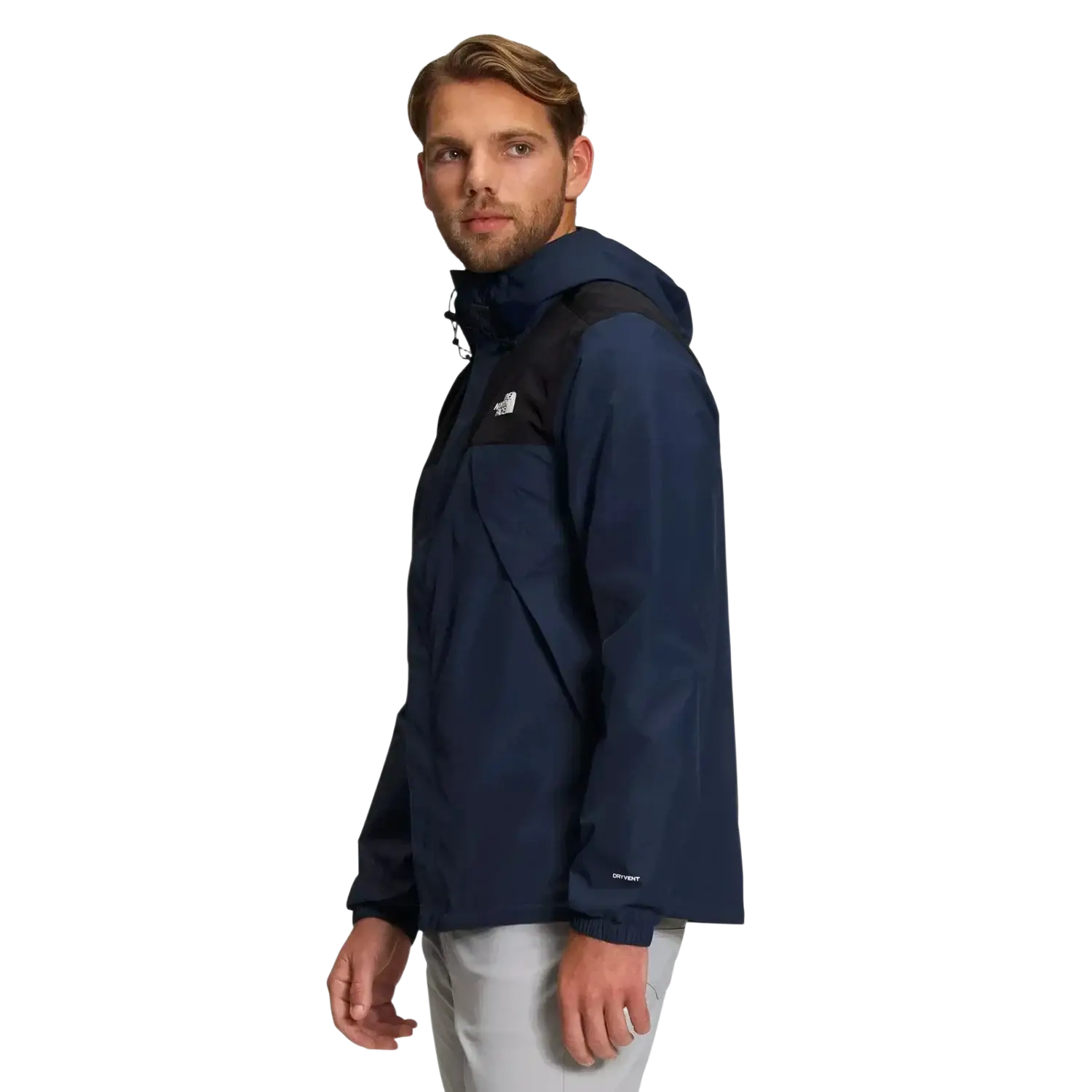 The North Face Men's Antora Rain Jacket in summit navy & tnf black, on model side view